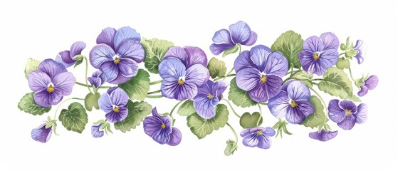 A charming watercolor painting of violets, with their deep purple petals and heartshaped leaves, isolate on white background with copy space