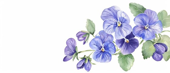 A charming watercolor painting of violets, with their deep purple petals and heartshaped leaves, isolate on white background with copy space