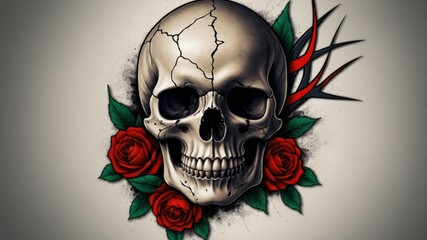 Intricate tattoo design featuring a cracked skull surrounded by red roses and thorny branches, blending themes of life and death in a striking composition.
