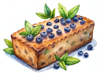 Freshly baked blueberry loaf pound cake with juicy blueberries scattered on top, against a rustic wooden background, surrounded by a lush greenery ambiance.