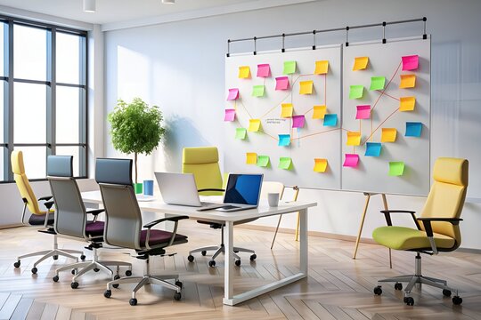 Colorful sticky notes and diagrams scattered across a large whiteboard, showcasing a startup's value proposition development process, with empty chairs and laptops nearby.