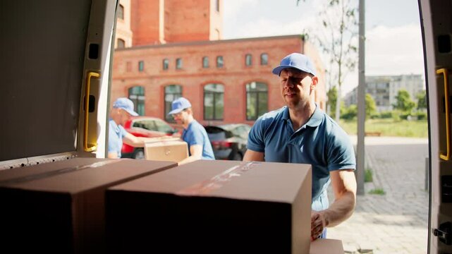 Two young delivery men loading cardboard boxes in a truck for a moving service