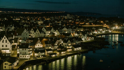 Fototapeta premium nighttime view of a city with a river and a bridge