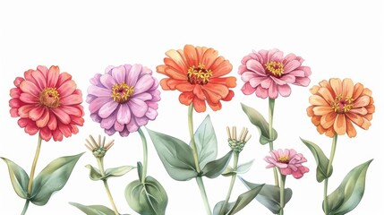 A lively watercolor illustration of zinnias, with their bold and cheerful flowers in a range of colors, isolate on white background with copy space