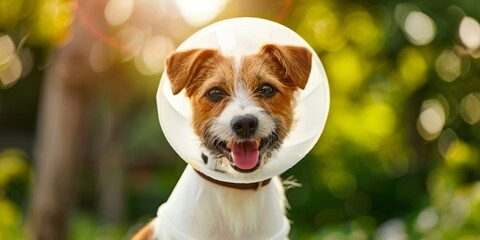 A happy dog wearing a medical cone standing outdoors in a sunny garden.