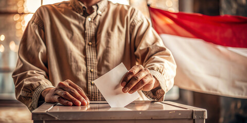 Obraz premium indonesian voter holding ballot paper with flag backdrop
