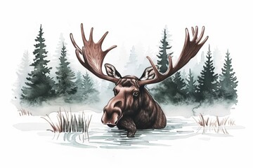 A moose wading through a misty swamp, illustrated with deep watercolor shades, isolate on white background with copy space