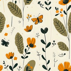 Staggered Grid Floral and Butterfly Fabric Print