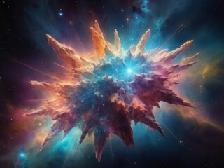 Fototapeta premium Abstract cosmic scene with starburst and nebulas, vibrant colors, illustration and background for fantasy design