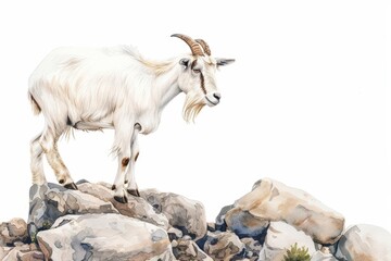 Fototapeta premium A playful goat climbing on rocky terrain, captured in bright watercolor shades, isolate on white background with copy spac