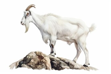 Obraz premium A playful goat climbing on rocky terrain, captured in bright watercolor shades, isolate on white background with copy spac
