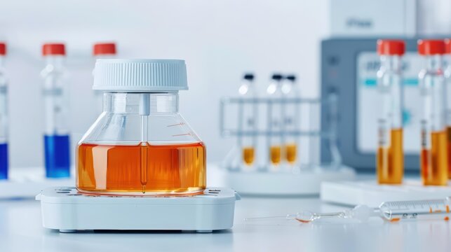 A pH meter with a highresolution display, giving precise readings of liquid samples and connected to a smart data logging system, with copy space