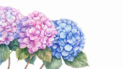 Obraz premium A rich watercolor painting of hydrangeas, with their large, globelike clusters of flowers in various shades, isolate on white background with copy space