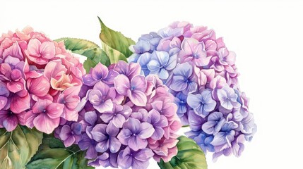 Fototapeta premium A rich watercolor painting of hydrangeas, with their large, globelike clusters of flowers in various shades, isolate on white background with copy space