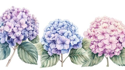 Fototapeta premium A rich watercolor painting of hydrangeas, with their large, globelike clusters of flowers in various shades, isolate on white background with copy space
