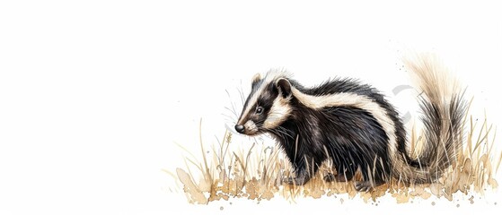 Fototapeta premium A skunk strolling through a meadow at dusk, depicted with soft and subtle watercolor strokes, isolate on white background with copy space
