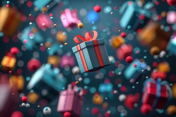 A surreal promotion event where products float in midair and offer personalized discounts that appear as glowing symbols, with copy space