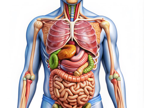 Illustration of the human digestive system showing stomach, small intestine, liver, pancreas, and other organs in a detailed, colorful, and anatomically correct representation.
