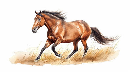 Naklejka premium A watercolor illustration of a horse galloping through a meadow, isolate on white background with copy space