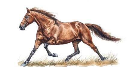 Obraz premium A watercolor illustration of a horse galloping through a meadow, isolate on white background with copy space