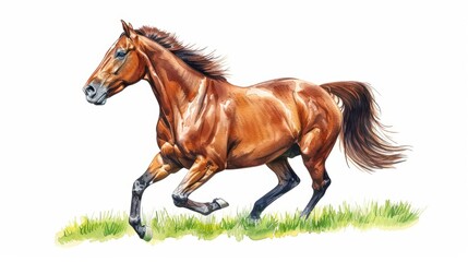 Obraz premium A watercolor illustration of a horse galloping through a meadow, isolate on white background with copy space
