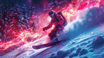 Fototapeta premium neon light art collage of man kiing Snowboarding. Extreme winter sports