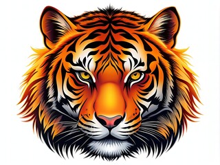 Naklejka premium Majestic fierce tiger head silhouette in bold black and orange hues, with piercing eyes and sharp whiskers, set against a striking gradient background.