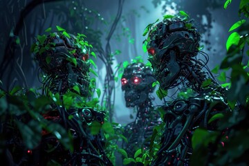 Obraz premium An enchanted forest where zombie creatures with holographic auras and mechanical parts interact with visitors, high tech, with copy space