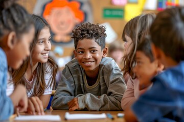 inclusivity of education of a diverse group of students engaged in a classroom discussion, their backgrounds enriching the learning environment, fostering mutual respect and understanding