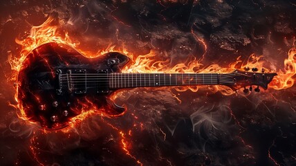 Rock guitar fire burning engulfed in flames, creating a dramatic and intense visual. Passion, destruction, and the raw power of rock music.
