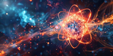 Digital art of a vibrant and scientific image showcasing an atom with electrifying energy waves, representing the concept of molecular energy, on a dark background.