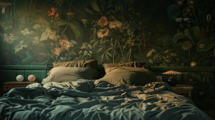 Cozy Bedroom with Lush Botanical Wallpaper and Soft Lighting