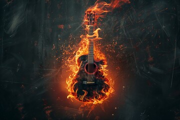 Rock guitar fire burning engulfed in flames, creating a dramatic and intense visual. Passion, destruction, and the raw power of rock music.