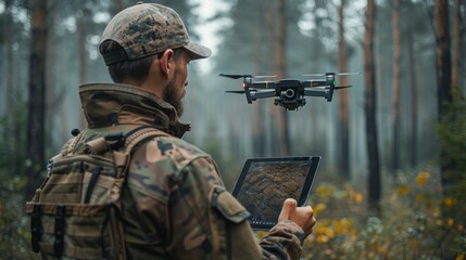 Fototapeta premium a man in a military uniform controls the flight of a drone using a tablet.