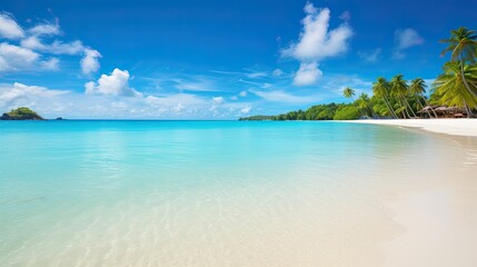 Fototapeta premium Scenic tropical beach with palm trees and crystal clear water, perfect for a relaxing getaway.