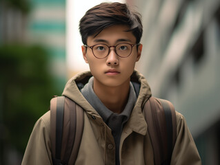 Obraz premium Portrait of Asian boy, with a backpack, standing near the school 