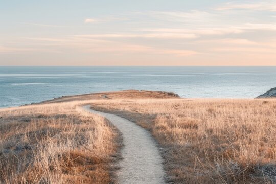 minimalist winding path leading towards a calm horizon, process of finding balance and peace, journey towards stability, landscape with copy space pastel colors