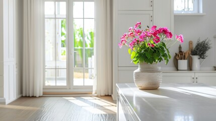 Clean, white kitchen with a single pot of colorful geraniums on the windowsill