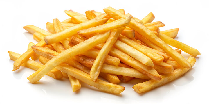 Golden crispy French fries cutouts scattered on a white background, emphasizing their crunchy texture and appetizing shape, perfect for fast food or restaurant advertisements.