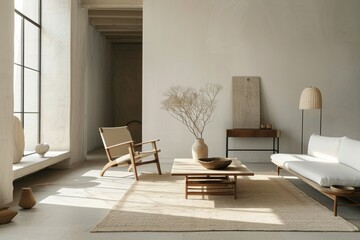 minimalist living room interior, clean lines, unadorned surfaces, white couch sofa, open wall space, minimal home decor . Lounge waiting space.