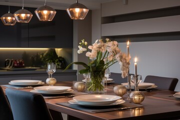 Modern dining room with sleek wooden table and chairs, minimalist design with natural light and plants.