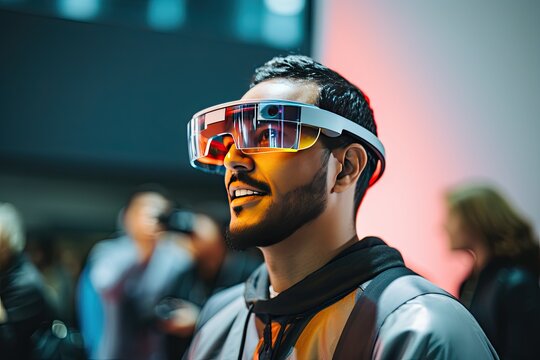 A man wearing a Google Glass headset, looking forward with a focused expression.