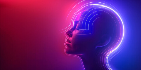 Obraz premium Cyborg human head and energy rays concept horizontal poster. Robot head and glowing rays creative banner. Futuristic technology background. Raster digital illustration. AI artwork. 