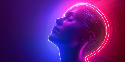 Cyborg human head and energy rays concept horizontal poster. Robot head and glowing rays creative banner. Futuristic technology background. Raster digital illustration. AI artwork. 