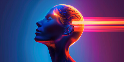 Obraz premium Cyborg human head and energy rays concept horizontal poster. Robot head and glowing rays creative banner. Futuristic technology background. Raster digital illustration. AI artwork. 