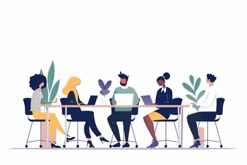 Fototapeta premium people at business meeting - diverse team of company collaborating around a conference table, fostering creativity and innovation flat illustration copy space top white