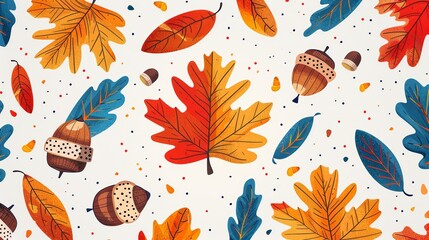 Playful autumn leaves and acorns, flat illustration, bright colors, whimsical design perfect for children's book covers, focus cover all object, deep dept of field