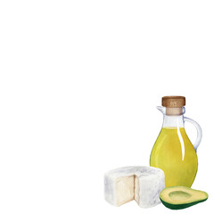 Corner composition with jug with olive oil, soft cheese and avocado. Watercolor illustration isolated on white background. For menu, card, design