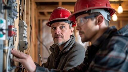 Skilled electrician demonstrating safety protocols to a young apprentice in a workshop setting, showcasing a commitment to training and expertise in the trades.