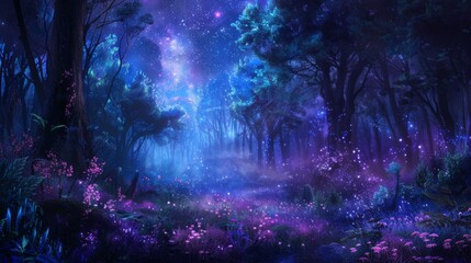 Enchanted Forest at Night with Magical Glow and Vibrant Colors